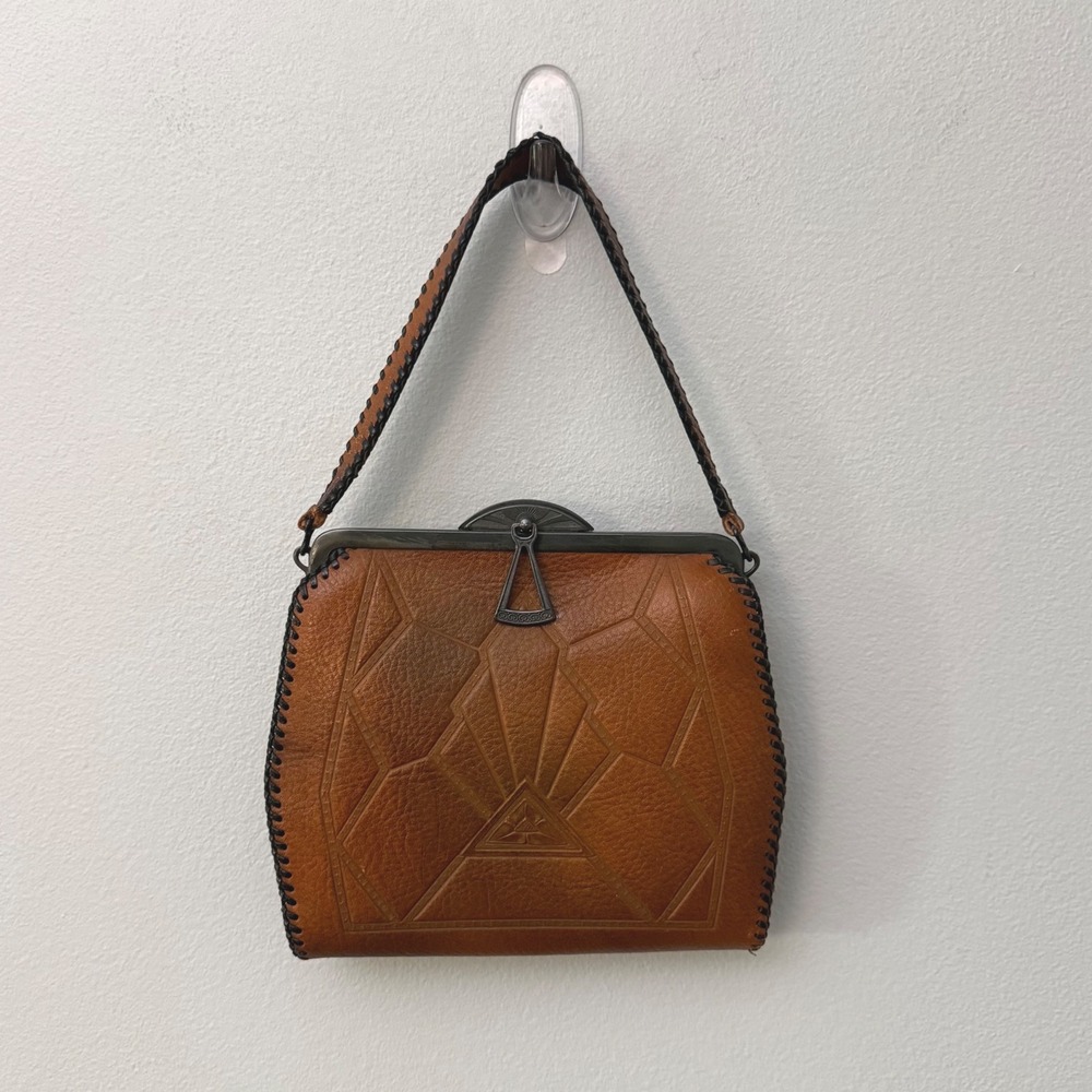 Vintage Art Deco Embossed Leather Purse Pewter Hardware Braided Strap Handbag